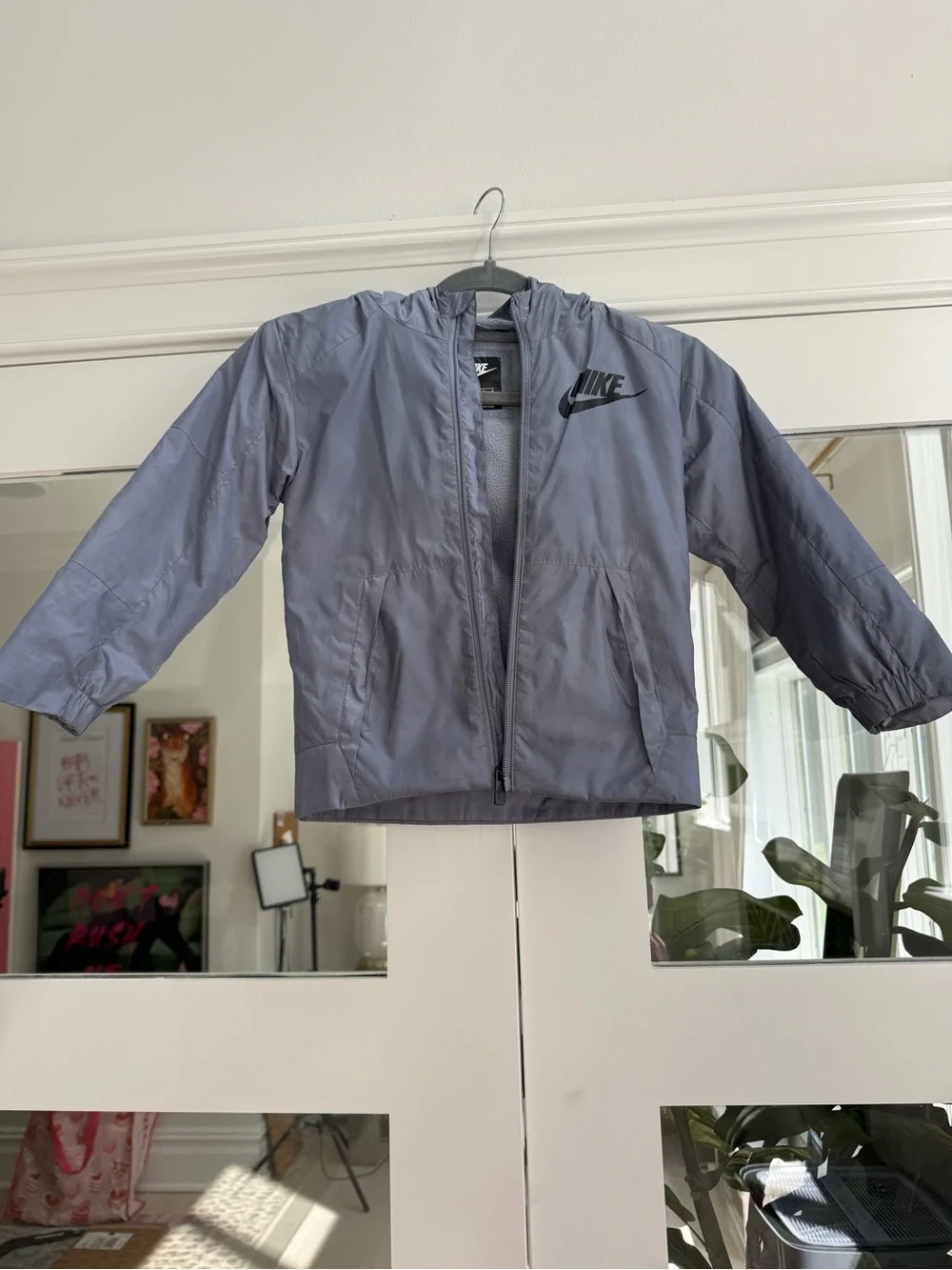 Kids Nike Gray Hooded Windbreaker Jacket with Black Logo